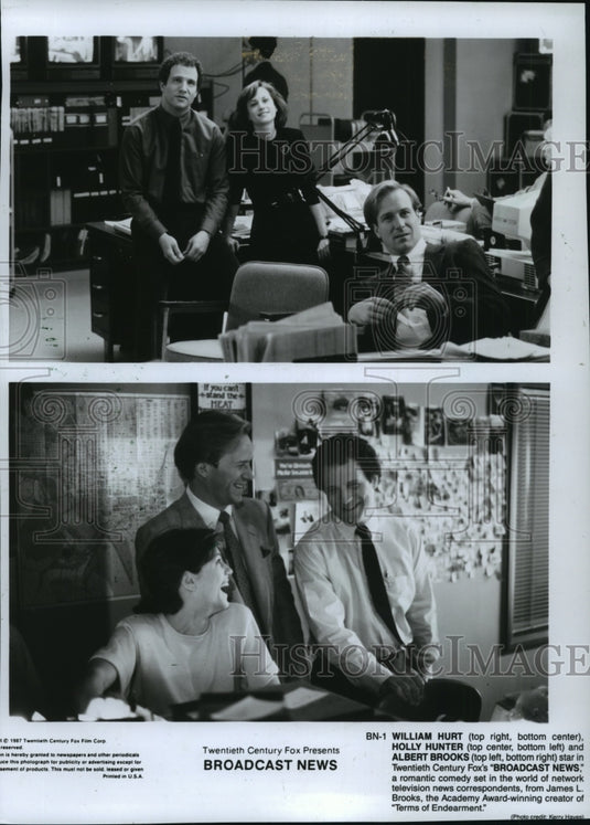 1987 Press Photo William Hurt, Holly Hunter, and Albert Brooks in Broadcast News