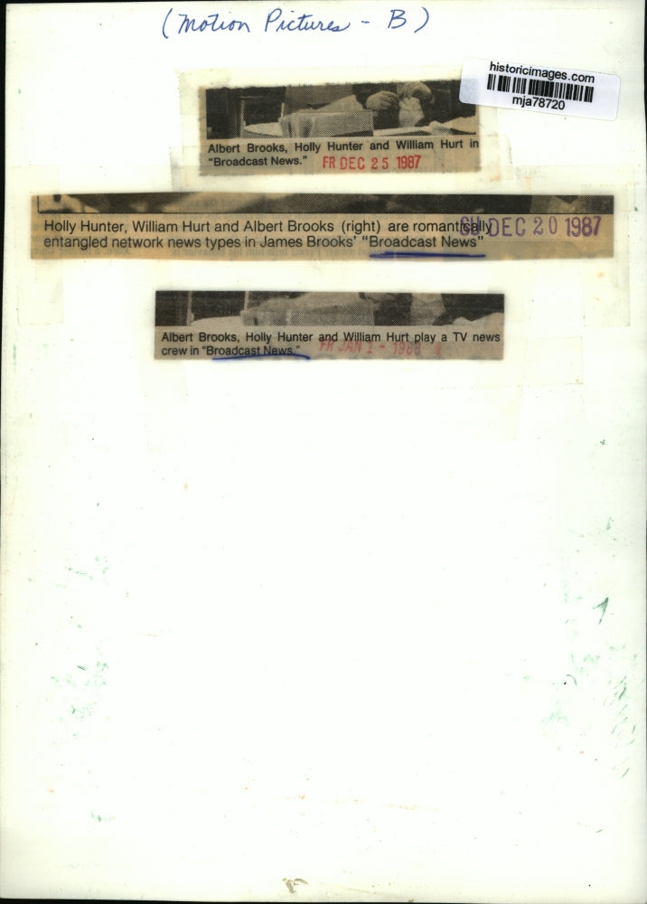 1987 Press Photo William Hurt, Holly Hunter, and Albert Brooks in Broadcast News