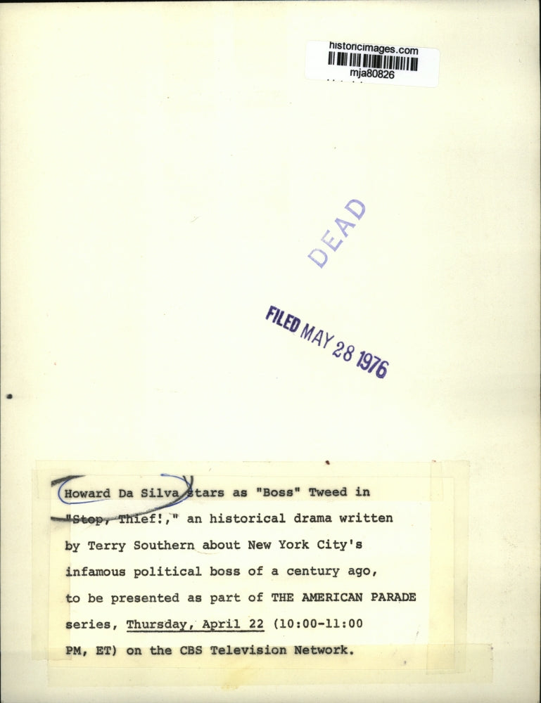 1976 Press Photo Howard Da Silva as "Boss" Tweed in "Stop, Thief!"