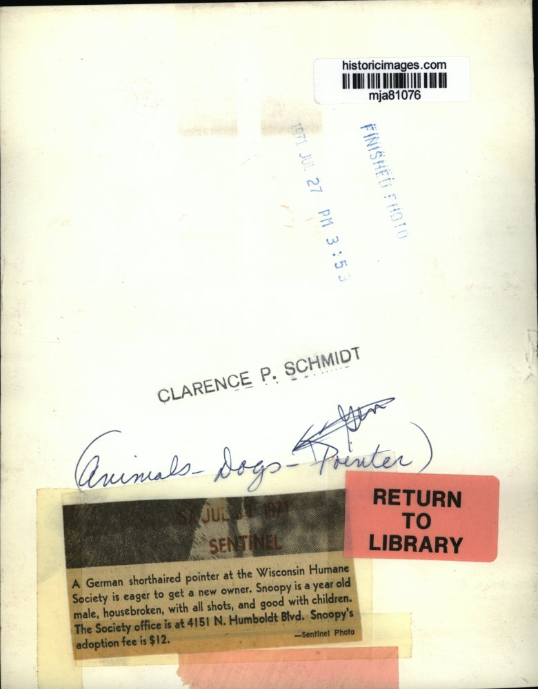 1971 Press Photo German shorthaired pointer "Snoopy" at Wisconsin Humane Society