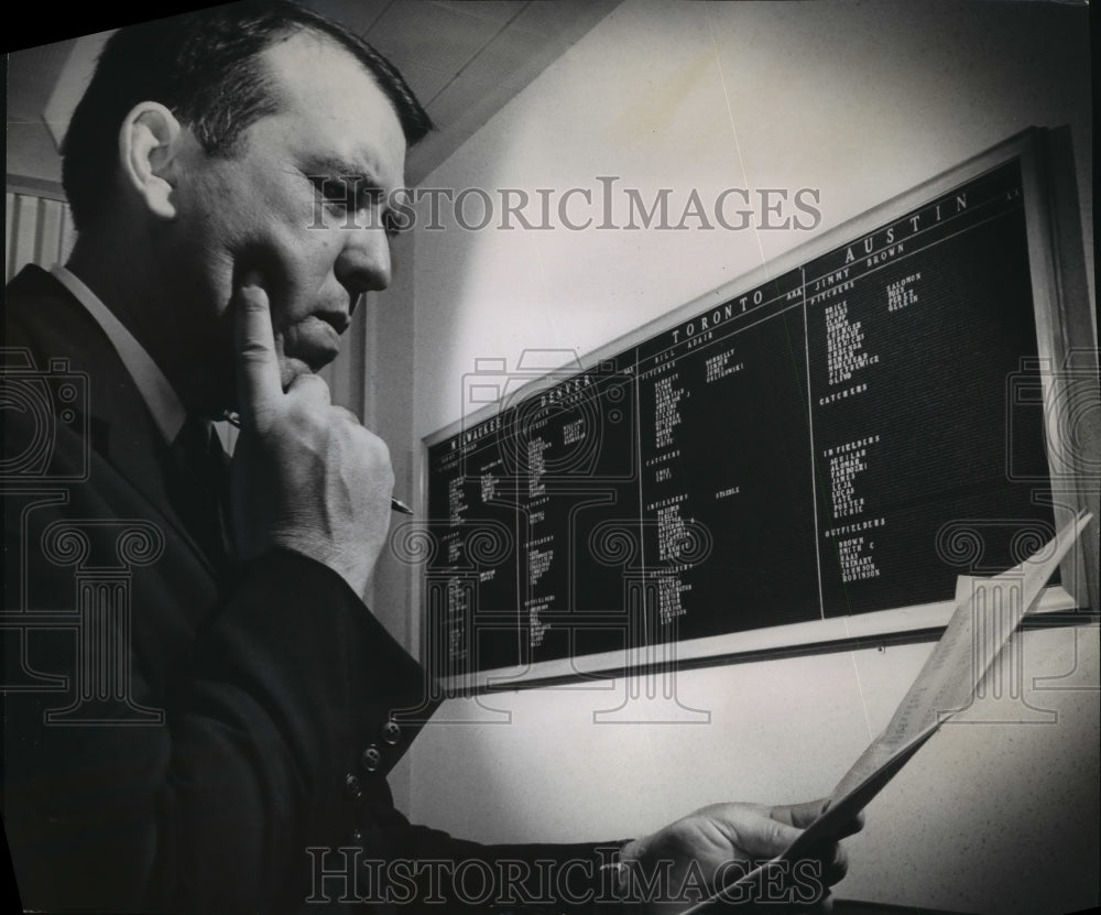 1963 Press Photo manager Bobby Bragan of the Braves studies the club roster- Historic Images