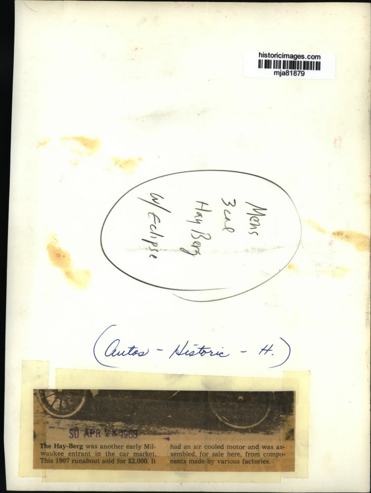 1968 Press Photo 1907 Hay-Berg car made in Milwaukee