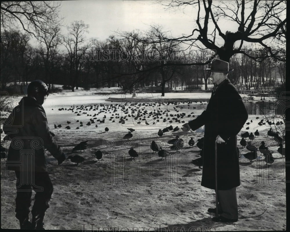 1951 Press Photo Feeding ducks at the Veterans Administration Center, Milwaukee- Historic Images