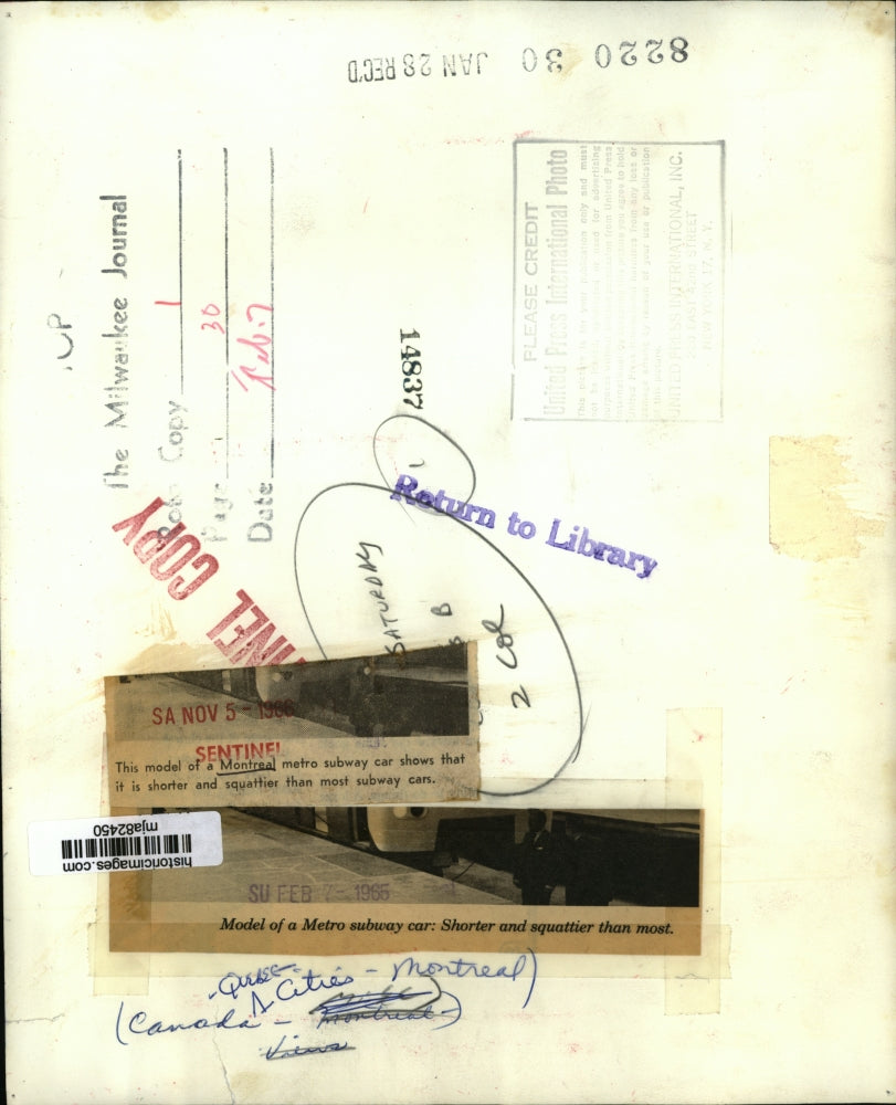 1965 Press Photo Model of Metro subway Car, Montreal, Canada