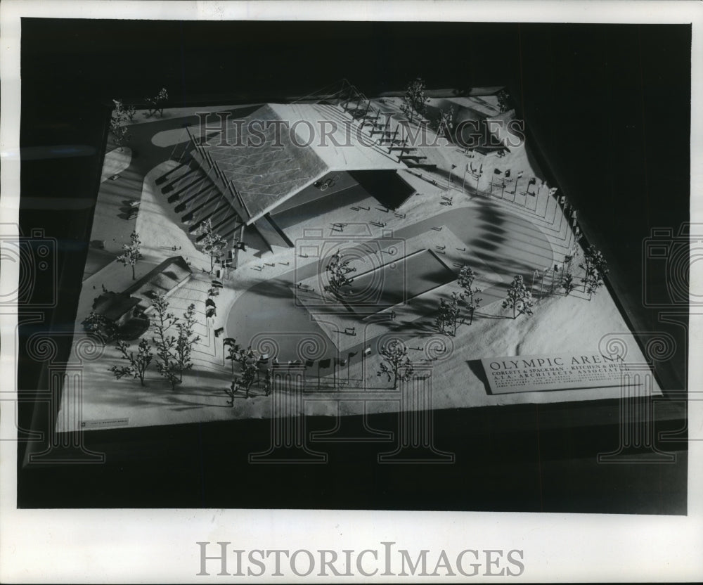 1956 Press Photo Model Depicting Squaw Valley's Future Olympic Arena