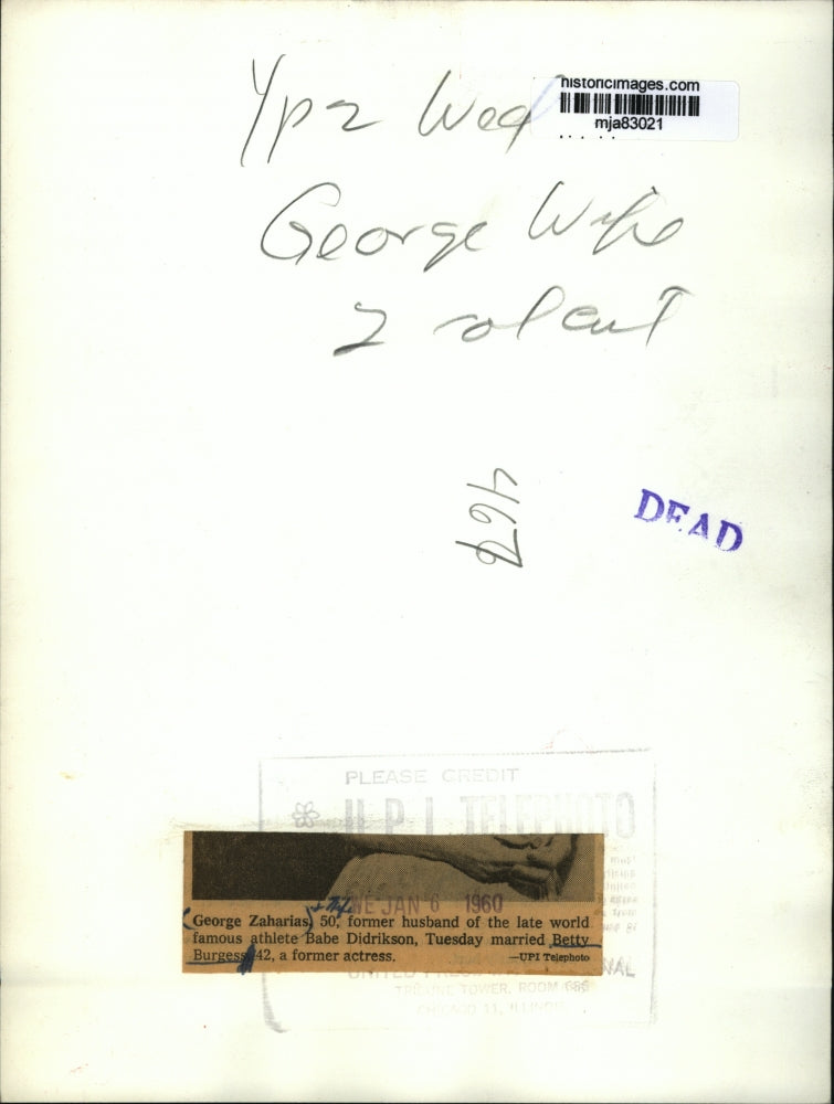 1960 Press Photo George Zaharias and newlywed wife Betty Burgess - mja83021