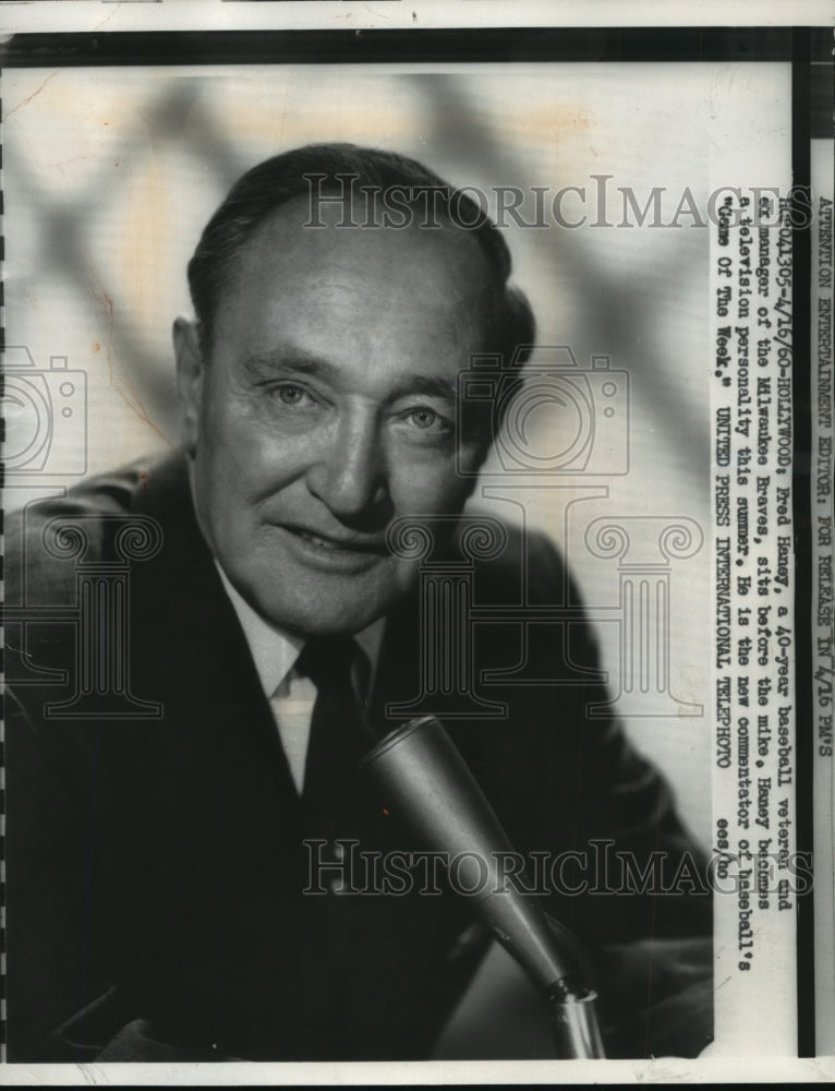 Load image into Gallery viewer, 1960 Press Photo Fred Haney sits in front of mike as host of "Game of The Week"
