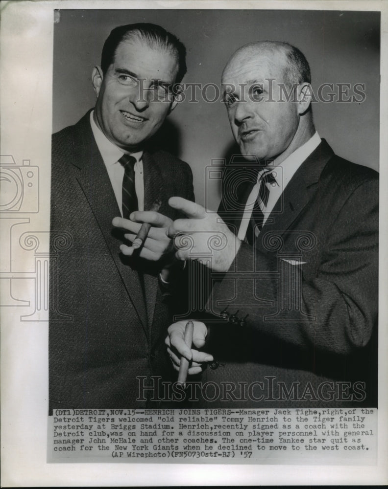 1957 Press Photo Baseball- Tommy Henrich joins the Tigers, with Jack Tighe- Historic Images