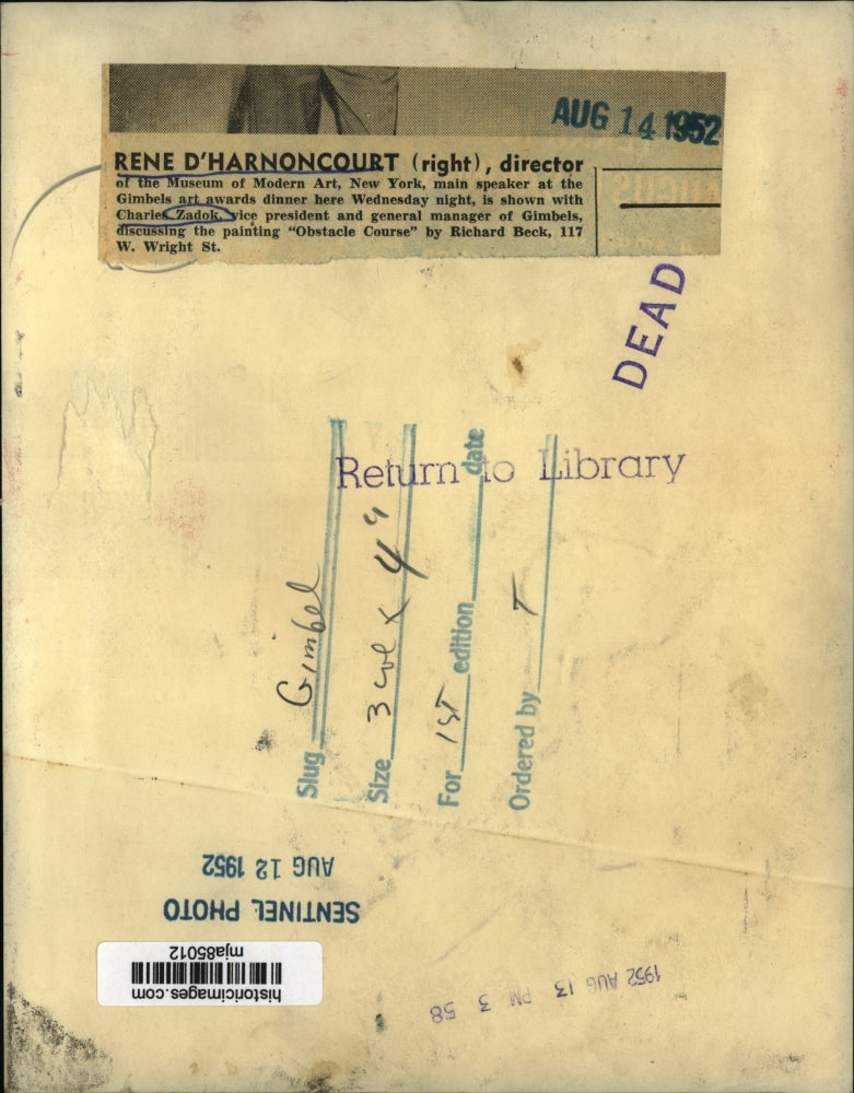 1952 Press Photo Rene D'Harnoncourt and Charles Zadok, Gimbels art awards dinner