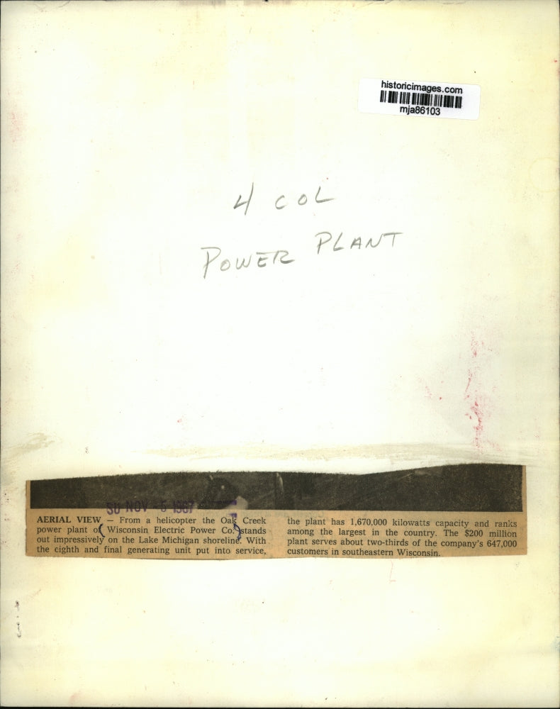 1967 Press Photo Helicopter view of Wisconsin Electric Power Company, Oak Creek