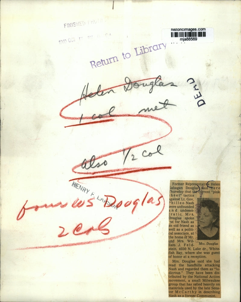 1960 Press Photo Former Representative Helen Gahagan Douglas of Denver, CO