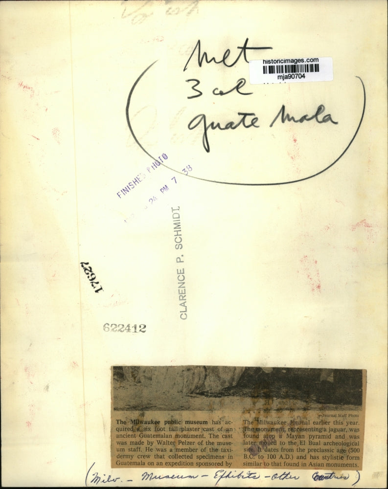 1962 Press Photo Ancient Guatemalan Monument made by Walter Pelzer - mja90704