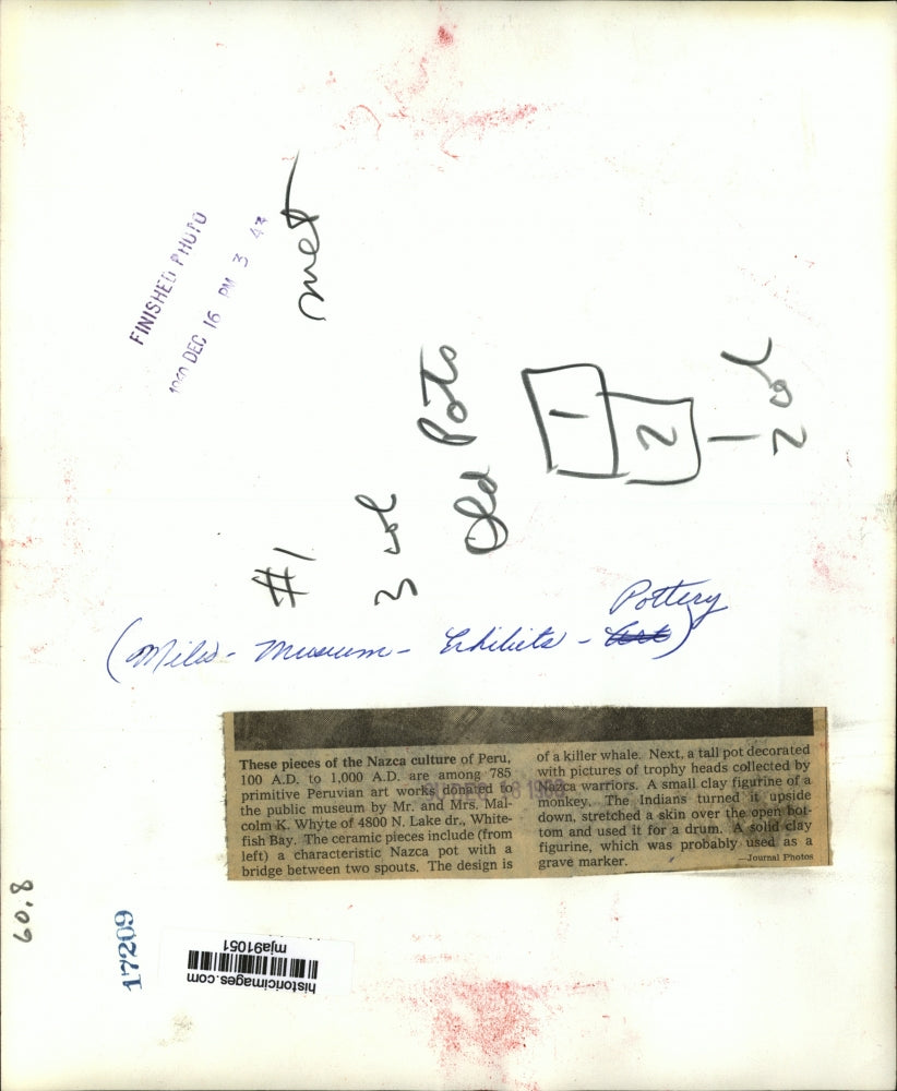 1960 Press Photo Ceramic pieces of the Nazca Culture of Peru; Milwaukee Museum