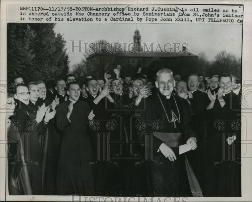 1958 Press Photo Cardinal Richard Cushing and Boston Seminarians after Elevation