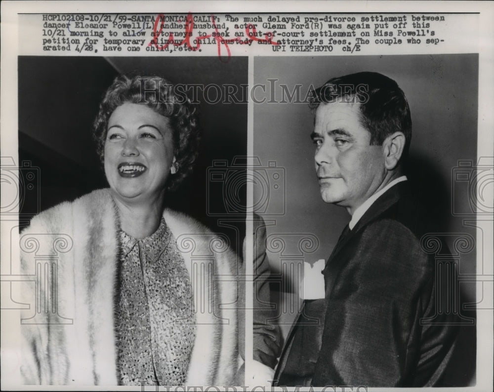 1959 Press Photo Eleanor Powell &amp; Glenn Ford divorce settlement case delayed.- Historic Images