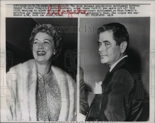 1959 Press Photo Eleanor Powell & Glenn Ford divorce settlement case delayed.- Historic Images