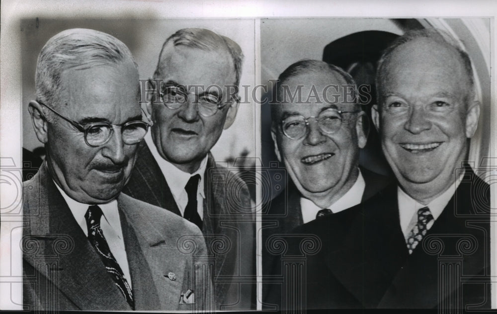 1959 Press Photo John Foster Dulles with Presidents Truman and Eisenhower- Historic Images