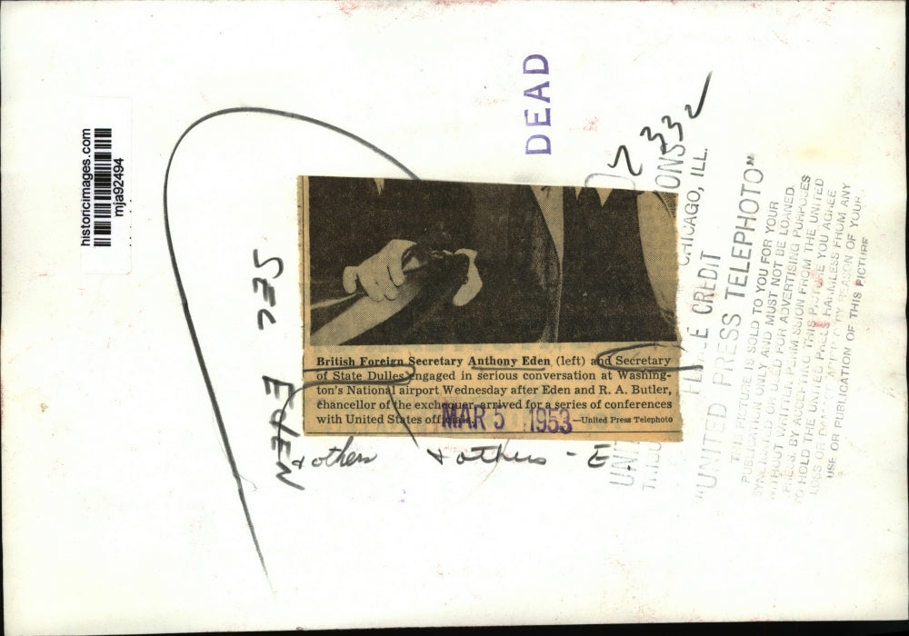 1953 Press Photo British foreign secretary Eden and US Secretary of State Dulles