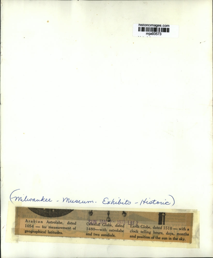 1973 Press Photo Arabian Astrolabe, Celestial Globe, Earth Globe at museum, WI.