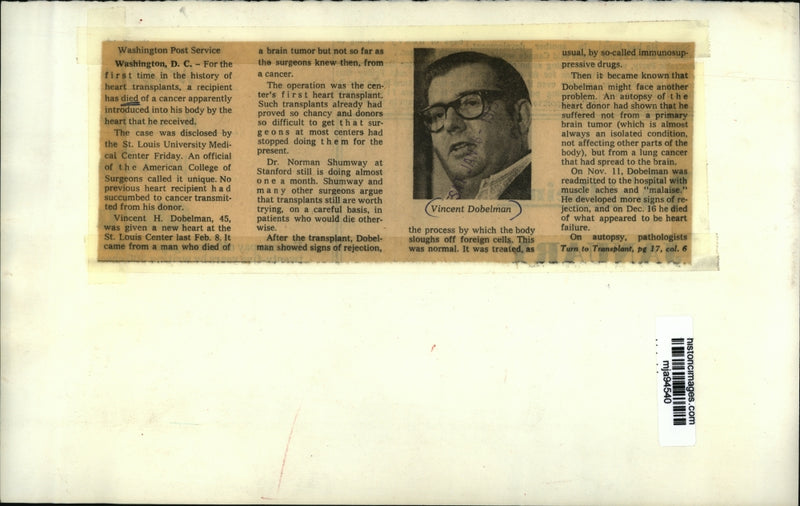 Load image into Gallery viewer, 1973 Press Photo Vincent Dobelman dies from heart transplant from donor's cancer
