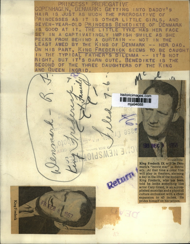 1956 Press Photo Princess Benedikte and her father, King Frederik of Denmark