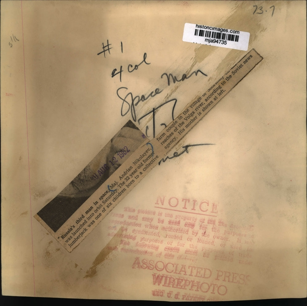 1962 Press Photo Russia's Cosmonaut Major Andrian Nikolayev's mother - mja94735