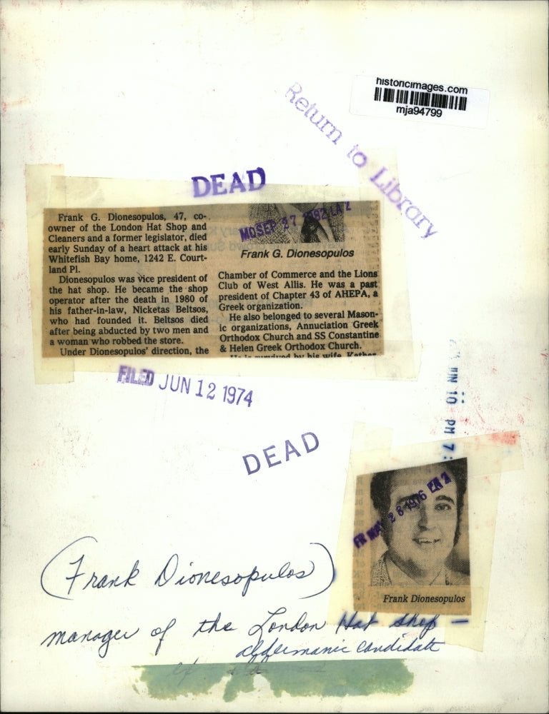 1974 Press Photo Frank G. Dionesopulos, co-owner of London Hat Shop and Cleaners