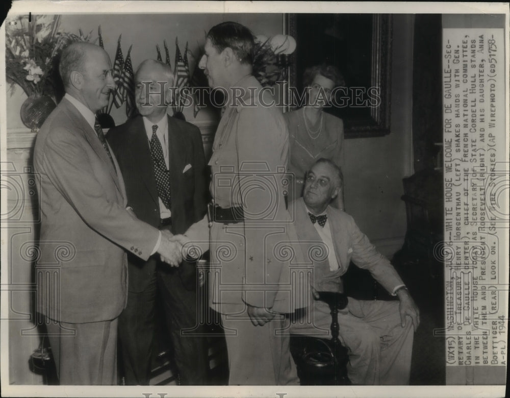 1944 Press Photo Henry Morgenthau shakes hands with Charles de Gaulle- Historic Images