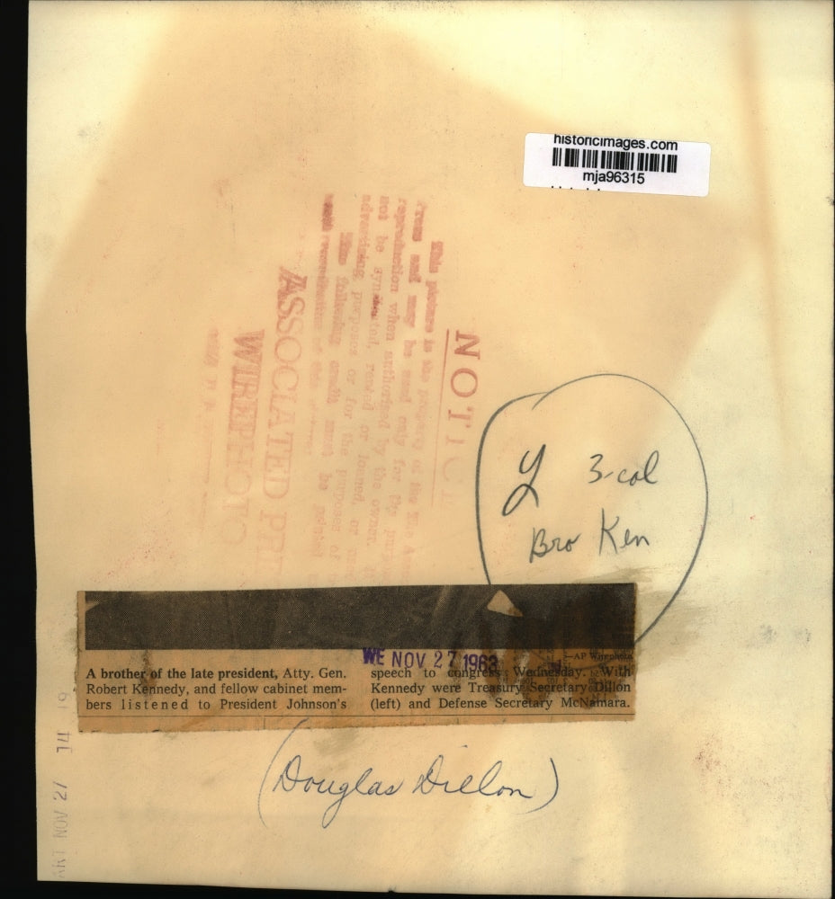 1963 Press Photo Douglas Dillon and Attorney General Robert Kennedy in congress