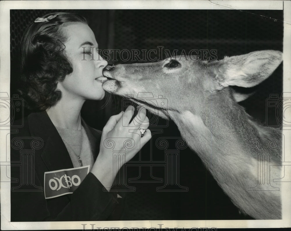  Press Photo Wisconsin student Verna Neubaurer feeds deer from lips in Chicago- Historic Images