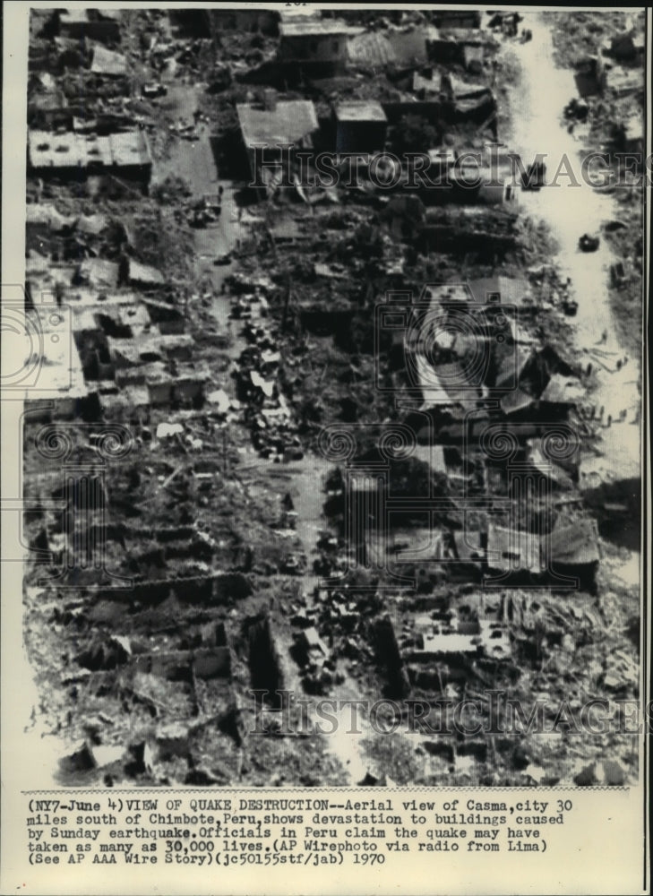 1970 Press Photo Aerial view of Casma, Peru after being hit by an earthquake- Historic Images