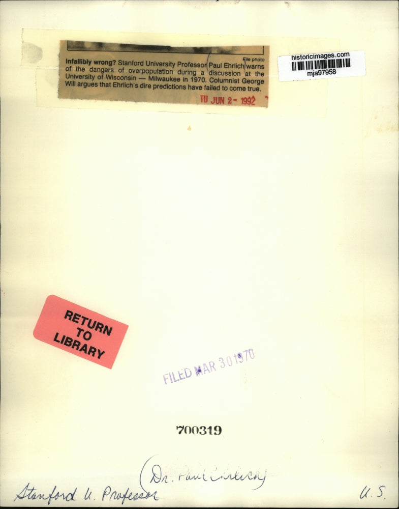 1970 Press Photo Paul Ehrlich Professor at Stanford University - mja97958