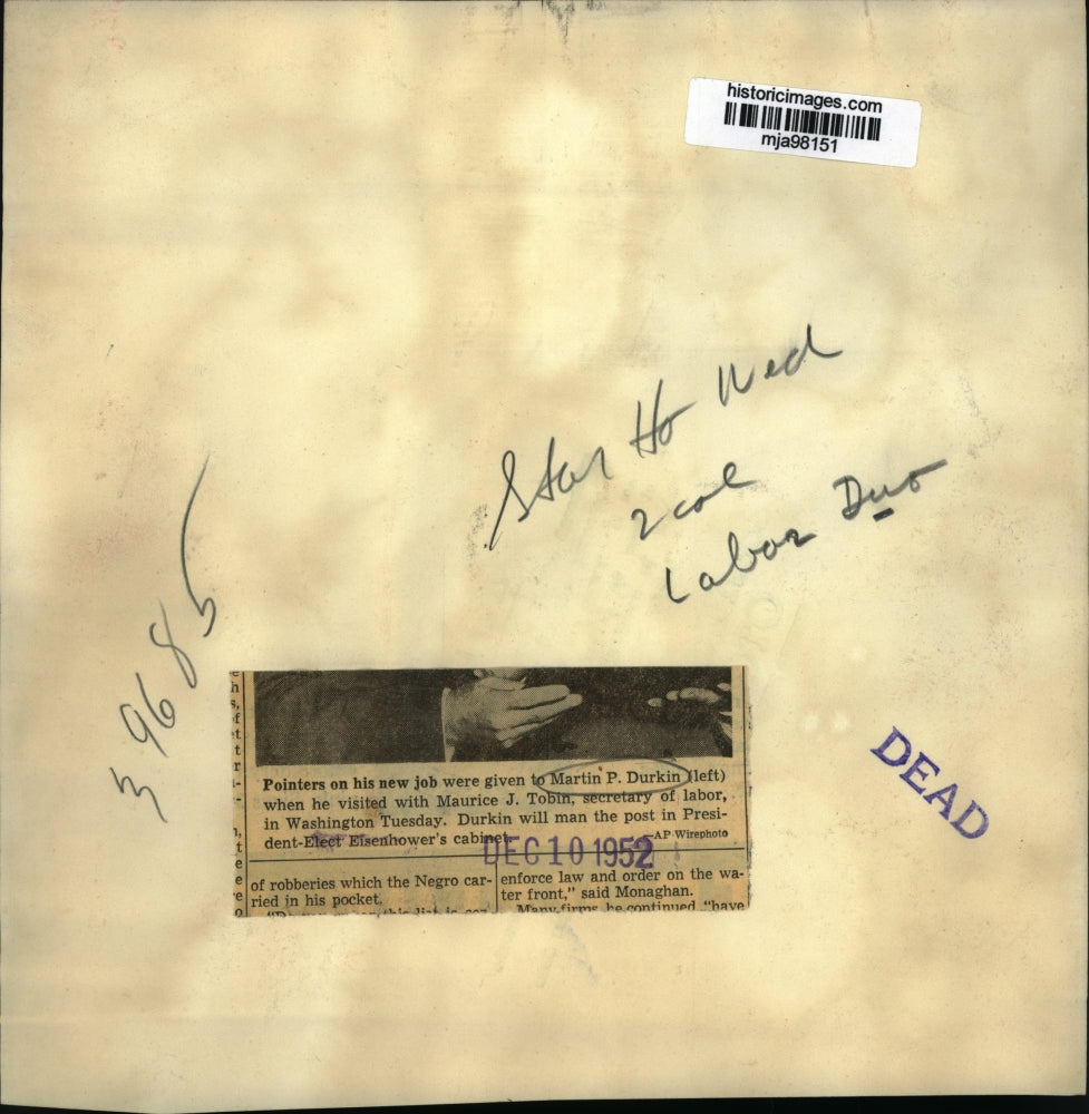 1952 Press Photo Martin P. Durkin replacing Secretary of Labor Maurice J. Tobin.