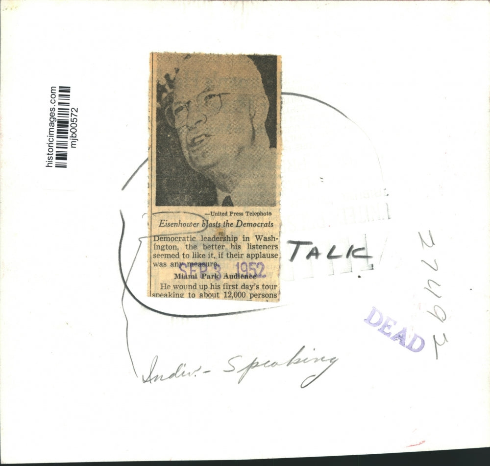 1952 Press Photo Dwight D. Eisenhower Miami campaign speech - mjb00572