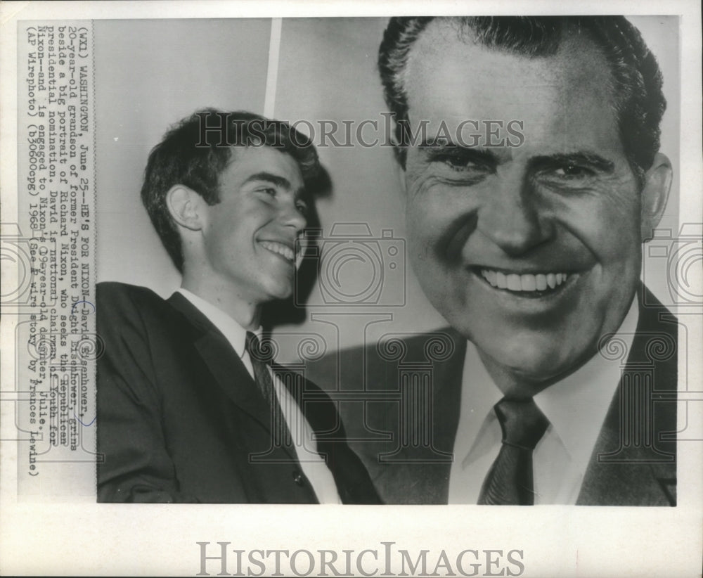 1968 Press Photo David Eisenhower next to picture of Richard Nixon, Washington.- Historic Images