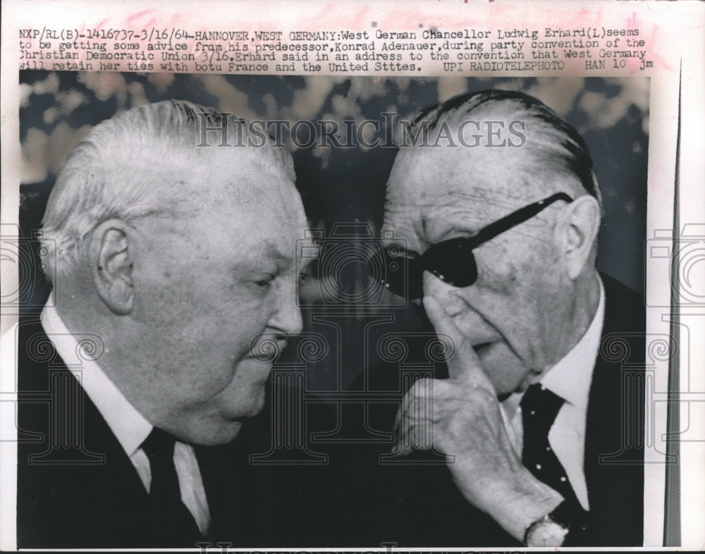 1964 Press Photo West German Chancellor Ludwig Erhard with Konrad Adenauer- Historic Images