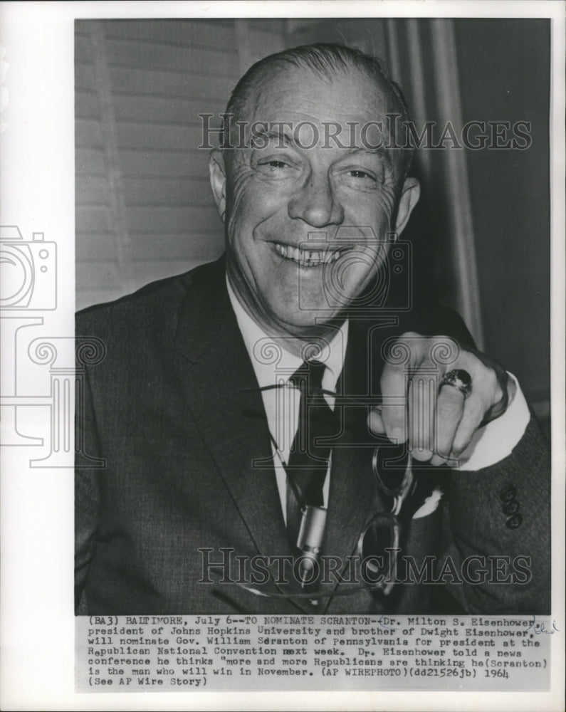 1964 Press Photo Doctor Milton Eisenhower Smiling Over Scranton Nomination- Historic Images