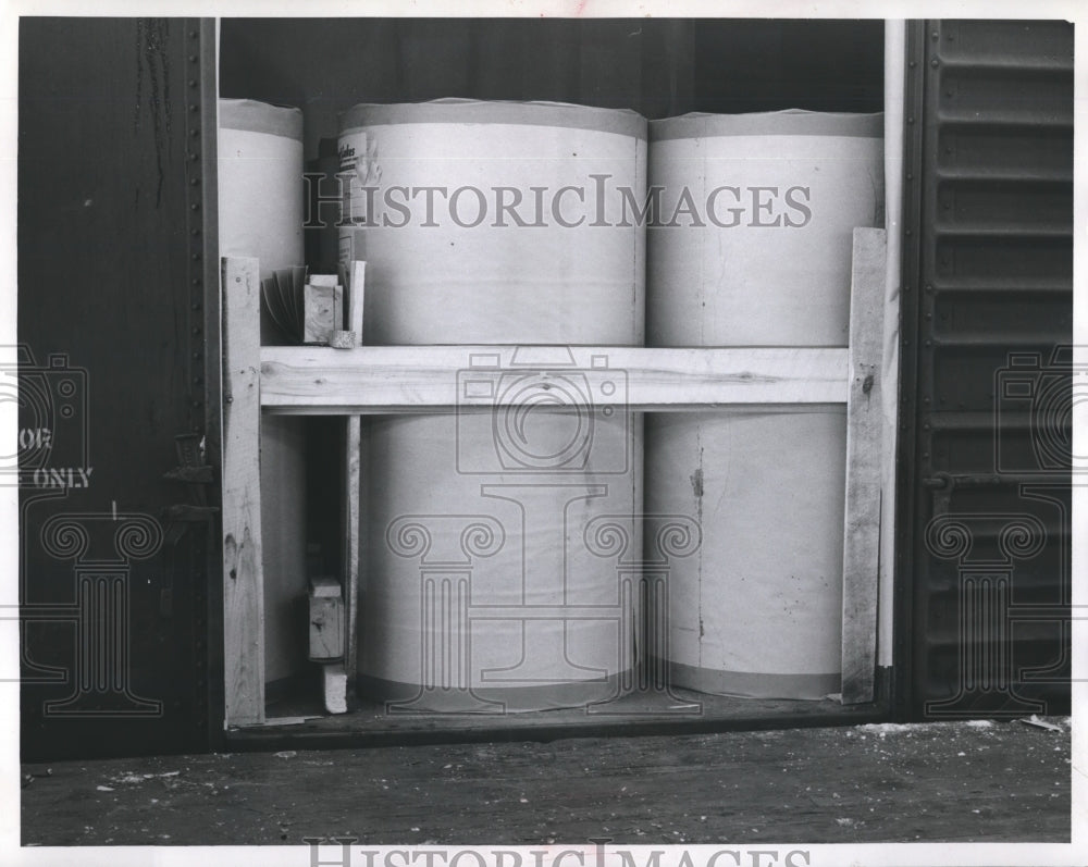 1952 Press Photo Newsprint Rolls are stored at Milwaukee Journal building- Historic Images