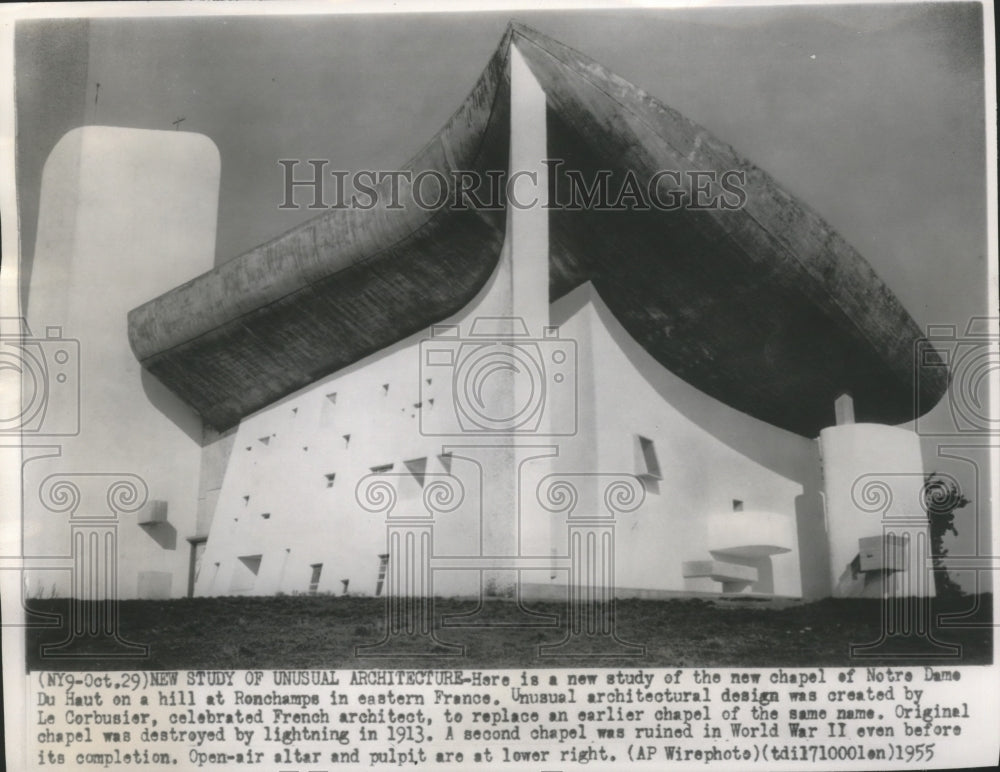 1955 Press Photo Chapel of Notre Dame Du Haut at Ronchamps, France- Historic Images