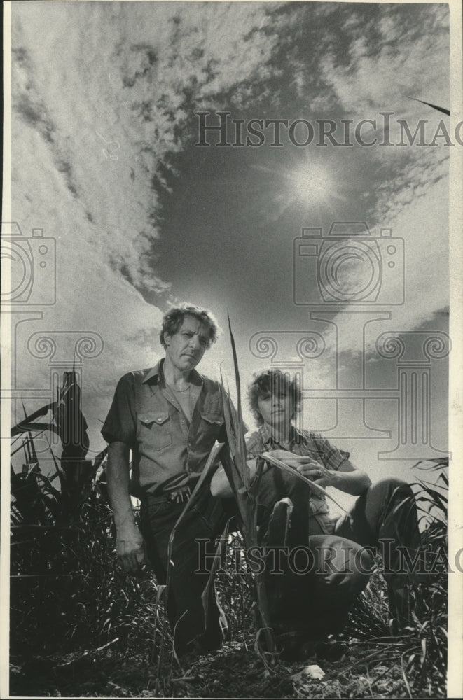 1985 Press Photo Bill and Barb Knoff examine stunted corn stalks on their farm- Historic Images