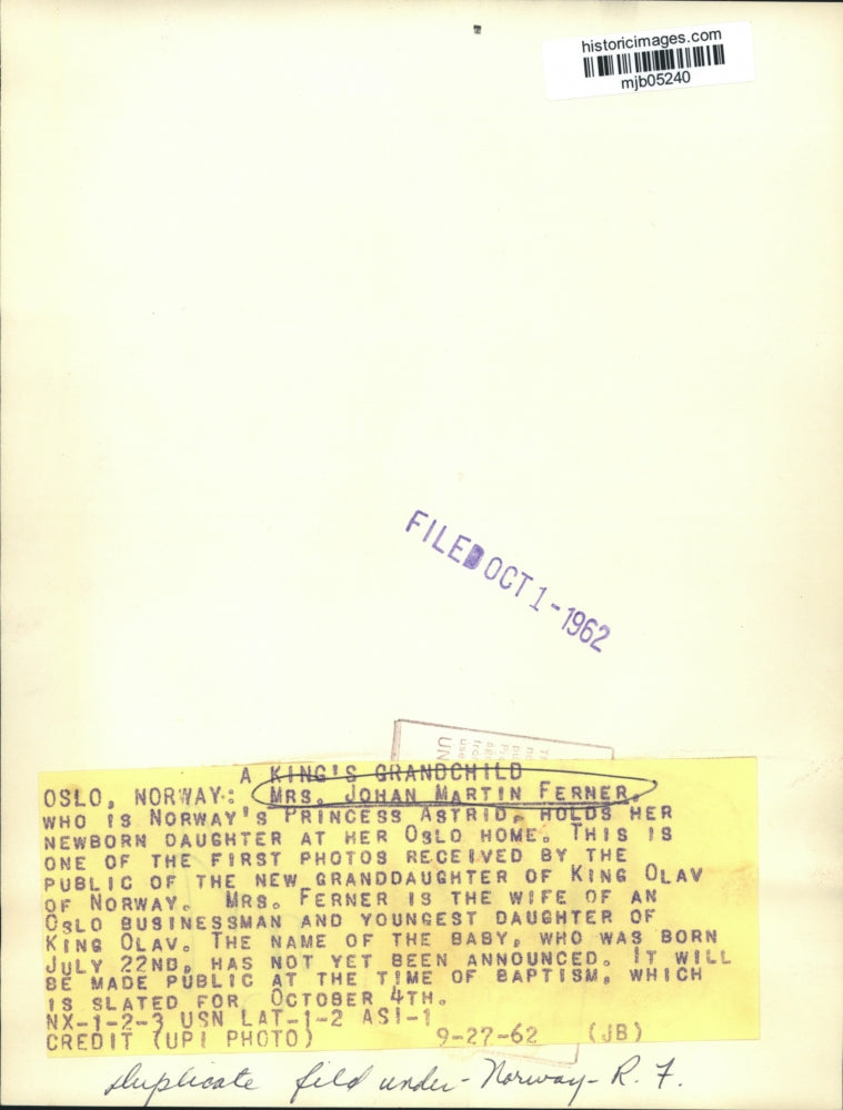 1962 Press Photo Mrs. Johan Martin Ferner, Princess Astrid With Daughter in Oslo