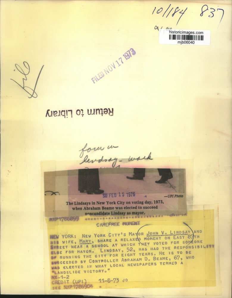 1973 Press Photo New York City Mayor John Lindsay and Wife Mary - mjb06040