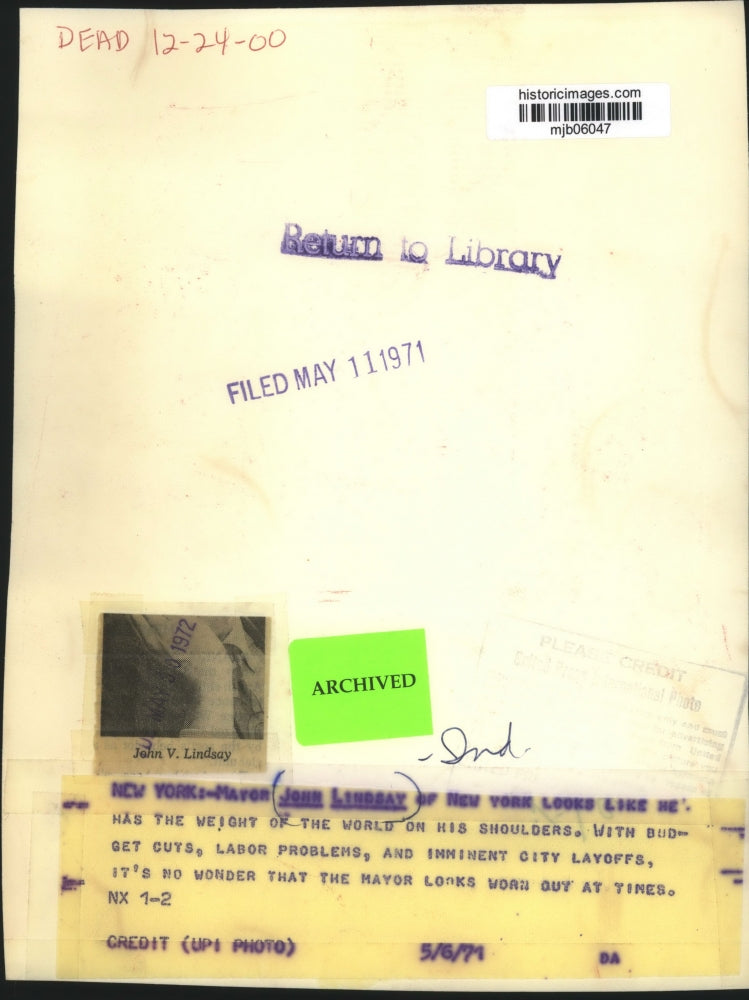 1971 Press Photo Mayor John Lindsay of New York looking worn down - mjb06047