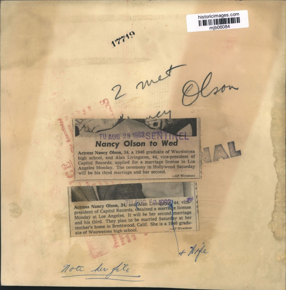 1962 Press Photo Alan Livingston and Nancy Olson to Wed in Hollywood, California