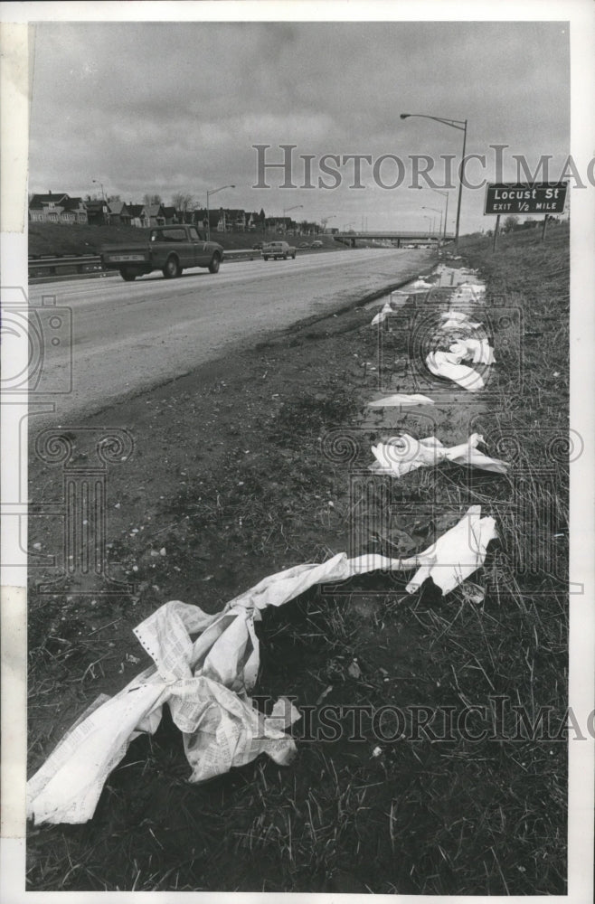 Load image into Gallery viewer, 1974 Press Photo Litter lining the highway soon to be cleaned by spring cleaning
