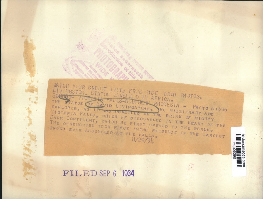 1934 Press Photo Statue of David Livingstone unveiled in Africa - mjb06398