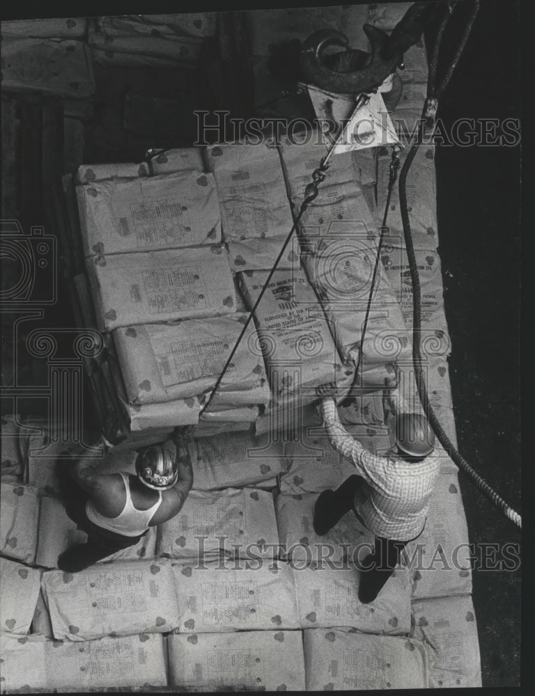 1977 Press Photo Vincente Murillo and Edmond Manske Push Bags of Flour onto Ship- Historic Images