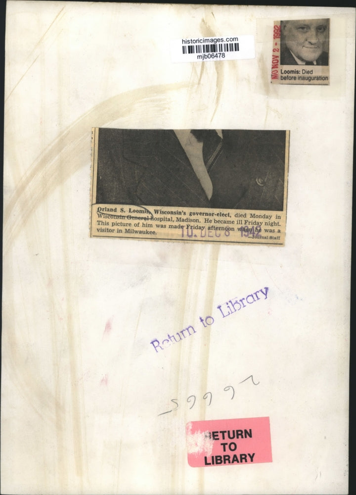 1942 Press Photo Orland Loomis, Wisconsin's Governor-Elect - mjb06478