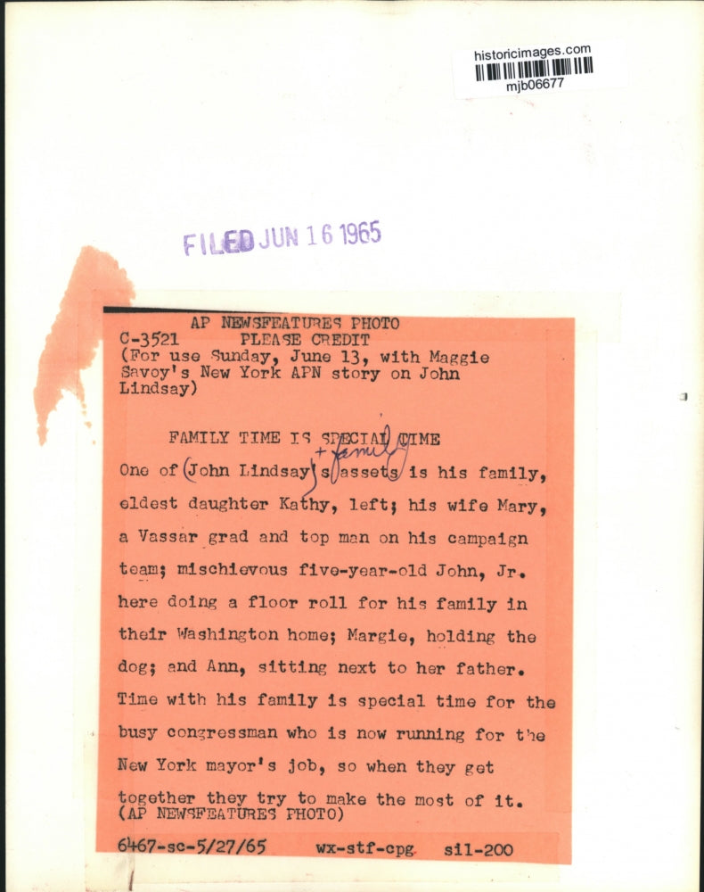 1965 Press Photo New York Congressman, Mayoral Candidate John Lindsay And Family