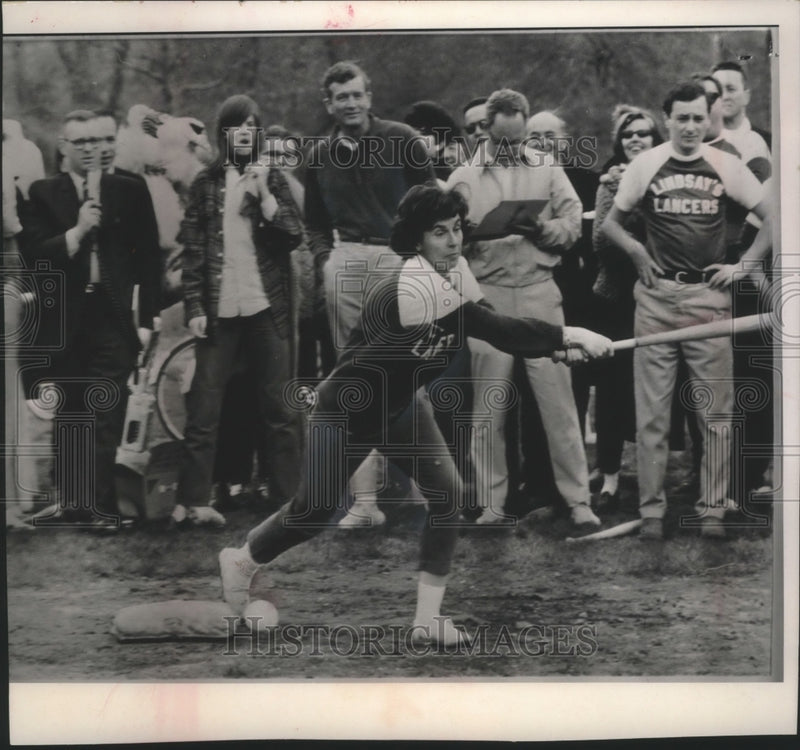 Load image into Gallery viewer, 1966 Press Photo Mrs. Lindsay Hits Foul Ball During Administration Softball Game
